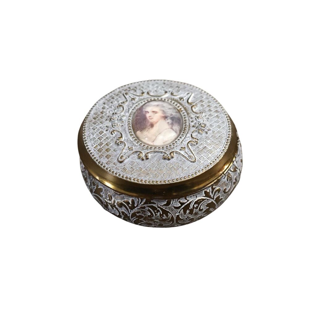 Vintage Victorian French Portrait Gold Tone Jewelry Trinket Box Japan 80s